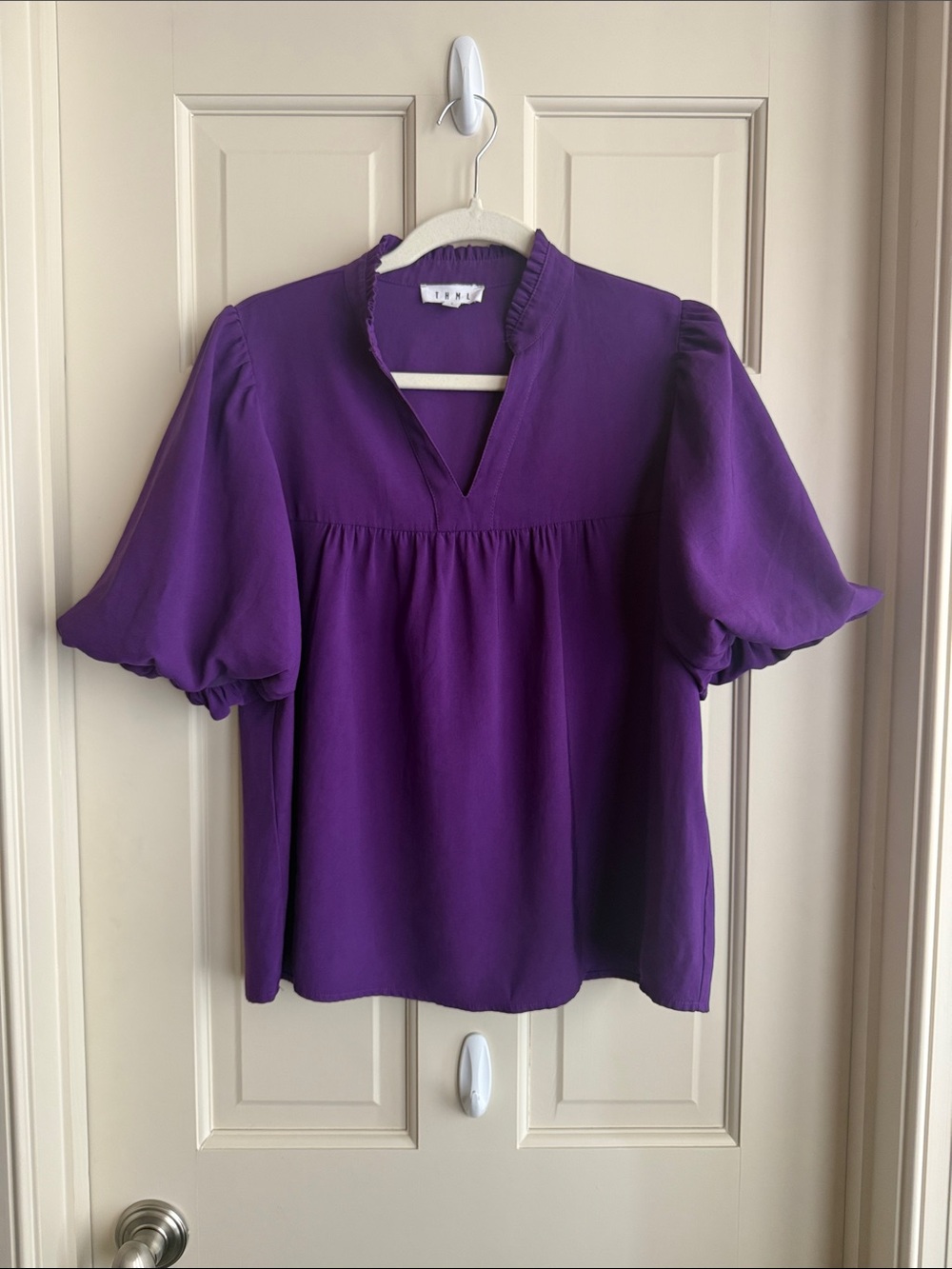 THML Purple Ruffle-Trim Puff Sleeve Blouse
